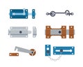 Set of metal gate latchs, door bolts, hooks and chain. Steel safety hardware. Vector