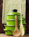 Set of metal green pots cookware Royalty Free Stock Photo