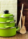 Set of metal green pots cookware Royalty Free Stock Photo