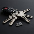 A set of metal keys attached to a keyring, accompanied by a car key fob, rests on a dark surface