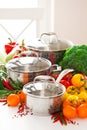 Set of metal pots cookware and fresh vegetables Royalty Free Stock Photo