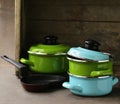 Set of metal pots cookware Royalty Free Stock Photo