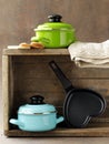 Set of metal pots cookware Royalty Free Stock Photo