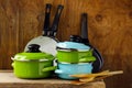 Set of metal pots cookware Royalty Free Stock Photo