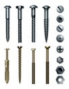 Set of metal screw, bolt and rivet heads. Collection of different industrial or DIY elements. Isolated realistic vector