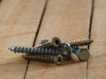 Set of metal screws on a wooden Board. Close-up of metal screws and bolts for wood on a wooden surface with space for text. Tools Royalty Free Stock Photo