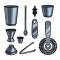 Set of metal steel barman equipment or help tools