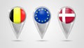 Set of metall pointers for a map with the national Europe flags in the button. GPS location symbol. Map pointer icon. Navigation Royalty Free Stock Photo