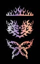 Set of metallic holographic Y2k stickers. Shining holographic gradient heart on fire, flame, butterfly. Vector foil in