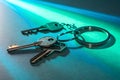 A set of metallic keys on a circular keyring placed on a smooth surface with a gradient of blue and green light