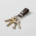 A set of metallic keys on a keyring with a brown leather strap and a round metal Royalty Free Stock Photo