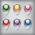 Set of metallic map pointers with colored shiny buttons