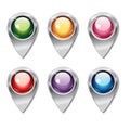 Set of metallic map pointers with colored shiny buttons