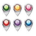 Set of metallic map pointers with colored shiny buttons