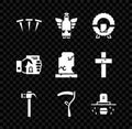 Set Metallic nails, Christmas angel, Memorial wreath, Hammer, Scythe, Grave with coffin, Death certificate hand and Old