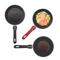 Set of metallic pans with food sketch icons. Royalty Free Stock Photo