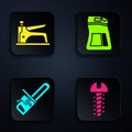 Set Metallic screw, Construction stapler, Chainsaw and Cement bag. Black square button. Vector Royalty Free Stock Photo