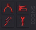 Set Metallic screw, Pliers tool, Construction stapler and Hacksaw icon. Vector Royalty Free Stock Photo