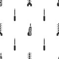 Set Metallic screw, Stationery knife and Screwdriver on seamless pattern. Vector Royalty Free Stock Photo