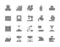 Set of Metallurgy Industry Gray Icons. Conveyor, Mining Industry, Steel Pipes, Metallurgist, Robotic Manipulator Arm and