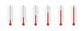 Set of meteorological thermometers with Celsius and Fahrenheit degree scales and glass tubes with different temperature