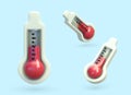 Set of meteorological thermometers with red liquid. Classic heat and cold measuring device
