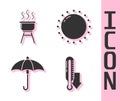 Set Meteorology thermometer, Barbecue grill, Umbrella and Sun icon. Vector Royalty Free Stock Photo