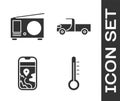 Set Meteorology thermometer, Radio with antenna, City map navigation and Pickup truck icon. Vector