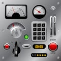 Set of meters, buttons and other machinery parts on metallic dashboard panel
