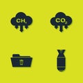 Set Methane emissions reduction, Aviation bomb, Delete folder and CO2 in cloud icon. Vector Royalty Free Stock Photo