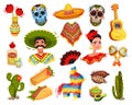 Set of Mexican culture symbols. Mexican man, woman, guitar, sugar skull, maraka, pinata, cactus, taco, burrito cartoon