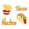 Set of Mexican food nachos and tacos stickers with lettering. Latin American cuisine. Fast food Royalty Free Stock Photo