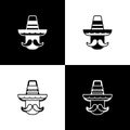 Set Mexican man wearing sombrero icon isolated on black and white background. Hispanic man with a mustache. Vector Royalty Free Stock Photo