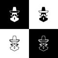 Set Mexican man wearing sombrero icon isolated on black and white background. Hispanic man with a mustache. Vector Royalty Free Stock Photo