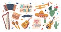 Set Of Mexican Musical Instruments. Maracas, Guitarron, Accordion, And Trumpet, Harp, Drum And Violin, Vector