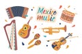 Set Of Mexican Musical Instruments Mariachi Trumpet, Vihuela or Guitarron. Harp, Accordion and Maracas