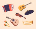 Set Of Mexican Musical Instruments and Sombrero. Maracas, Guitarron, Accordion, And Trumpet, Guitar and Violin