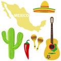 A set of Mexican. Sombrero, guitar, maracas, cactus, hot peppers. Map of Mexico. Royalty Free Stock Photo