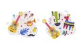 Set of Mexican symbols. Colorful pinata, guitar, cactus, Cinco De Mayo holiday signs cartoon vector illustration