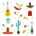 Set on a mexico theme. Different mexican bright icons collection: maracas, cactus, hat, guitar, mask, pepper, tequila