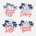 Set of Miami Beach and Surfing hand written lettering. Royalty Free Stock Photo