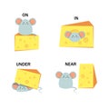 Set of mice with cheese and words on, under, near and in Royalty Free Stock Photo