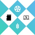 Set Micro SD memory card, Wheat, Film reel and Laptop with shield icon. Vector