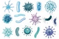 set of microbe and virus icons with a focus on common bacteria like E. coli and Staphylococcus aureus. Royalty Free Stock Photo