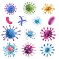set of microbe and virus icons with a focus on common bacteria like E. coli and Staphylococcus aureus. Royalty Free Stock Photo