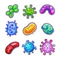 set of microbe and virus icons with a focus on common bacteria like E. coli and Staphylococcus aureus. Royalty Free Stock Photo