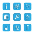 Set Microorganisms under magnifier, Earth globe, Test tube, Magnet, Calculator, Stethoscope and icon. Vector Royalty Free Stock Photo