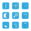 Set Microorganisms under magnifier, Earth globe, Test tube, Magnet, Calculator, Stethoscope and icon. Vector