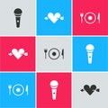 Set Microphone, Amour with heart and arrow and Plate, fork knife icon. Vector Royalty Free Stock Photo