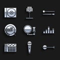 Set Microphone, Banjo, Music equalizer, Drum machine, CD player, sticks and or DVD disk icon. Vector